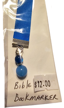 Load image into Gallery viewer, Beautiful Blue Ribbon Bible Book Marker with Beaded Charms on Both Ends