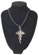 Load image into Gallery viewer, Flaming Cross Goth Necklace on Leather Cording