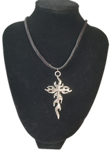 Load image into Gallery viewer, Flaming Cross Goth Necklace on Leather Cording