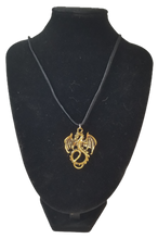 Load image into Gallery viewer, Golden Winged Dragon Necklace on Black Leather Cord Necklace