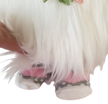 Load image into Gallery viewer, Footed Pink Grey Checkers Spring Gnome with Pink Roses White Lace Trim