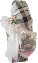 Load image into Gallery viewer, Footed Pink Grey Checkers Spring Gnome with Pink Roses White Lace Trim