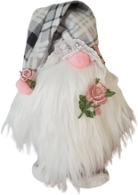 Load image into Gallery viewer, Footed Pink Grey Checkers Spring Gnome with Pink Roses White Lace Trim