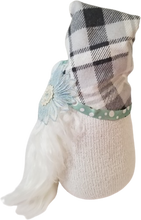 Load image into Gallery viewer, Winter Blue Grey Checkers Spring Gnome with Antique Blue Roses and Flowers
