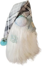 Load image into Gallery viewer, Winter Blue Grey Checkers Spring Gnome with Antique Blue Roses and Flowers