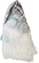 Load image into Gallery viewer, Winter Blue Grey Checkers Spring Gnome with Antique Blue Roses and Flowers