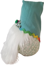 Load image into Gallery viewer, Rainbow Teal Satin Spring Gnome with Blue Rose's Spring Flowers