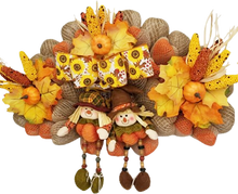 Load image into Gallery viewer, Beautiful Burlap Fall Wreath Scarecrow Sitters, Pumpkins and Corn
