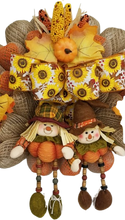 Load image into Gallery viewer, Beautiful Burlap Fall Wreath Scarecrow Sitters, Pumpkins and Corn