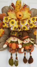 Load image into Gallery viewer, Beautiful Burlap Fall Wreath Scarecrow Sitters, Pumpkins and Corn