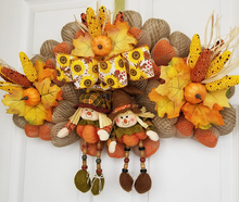 Load image into Gallery viewer, Beautiful Burlap Fall Wreath Scarecrow Sitters, Pumpkins and Corn