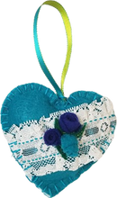 Load image into Gallery viewer, Felted Teal Lace and Rose Teal Blue Hanging Heart Ornament Decor