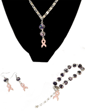 Load image into Gallery viewer, Handmade Blue Glass Lampwork Beaded Bracelet with Pink Roses and Breast Cancer Pink Support Ribbon