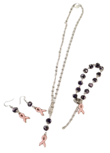 Load image into Gallery viewer, Handcrafted Breast Cancer Support Ribbon with Glass Lampwork Beads Necklace and Earring Set