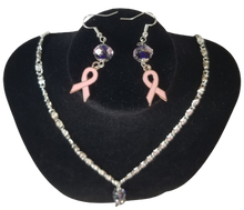 Load image into Gallery viewer, Handcrafted Breast Cancer Support Ribbon with Glass Lampwork Beads Necklace and Earring Set