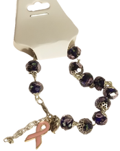 Load image into Gallery viewer, Handmade Blue Glass Lampwork Beaded Bracelet with Pink Roses and Breast Cancer Pink Support Ribbon