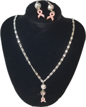 Load image into Gallery viewer, Breast Cancer Support Ribbon Rose Glass Lampwork Beads Necklace & Earrings Set
