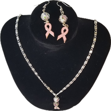 Load image into Gallery viewer, Breast Cancer Support Ribbon Rose Glass Lampwork Beads Necklace & Earrings Set