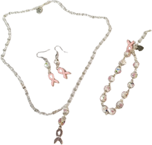 Load image into Gallery viewer, Handmade White Glass Lampwork Beaded Bracelet with Pink Roses and Breast Cancer Pink Support Ribbon