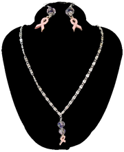 Load image into Gallery viewer, Handcrafted Breast Cancer Support Ribbon with Glass Lampwork Beads Necklace and Earring Set