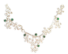 Load image into Gallery viewer, Handcrafted Silver Necklace with Silver Flowers and Emerald Gems Sets