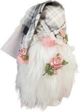 Load image into Gallery viewer, Footed Pink Grey Checkers Spring Gnome with Pink Roses White Lace Trim