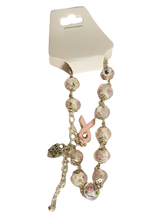 Load image into Gallery viewer, Handmade White Glass Lampwork Beaded Bracelet with Pink Roses and Breast Cancer Pink Support Ribbon