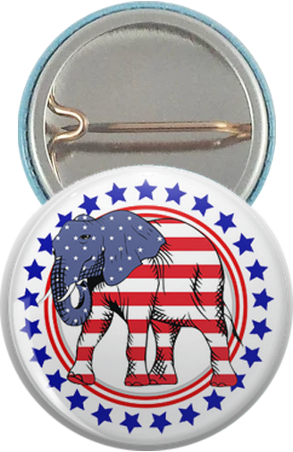 Red white and blue republican elephant pinback button in usa flag design with stars