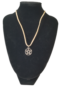 Pentagram 5 Point Encircled Star Tan Leather Corded Necklace