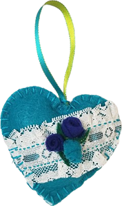 Felted Teal Lace and Rose Teal Blue Hanging Heart Ornament Decor