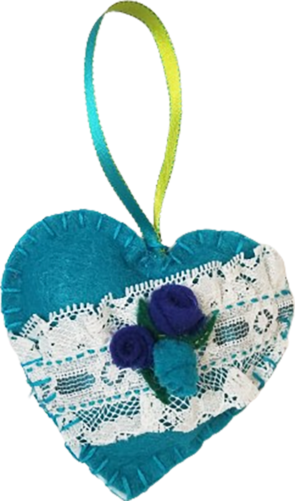 Felted Teal Lace and Rose Teal Blue Hanging Heart Ornament Decor