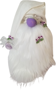 White & Purple Satin Spring Gnome with Purple Rose's Spring Flowers