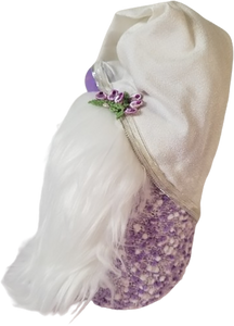 White & Purple Satin Spring Gnome with Purple Rose's Spring Flowers