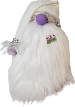 Load image into Gallery viewer, White &amp; Purple Satin Spring Gnome with Purple Rose&#39;s Spring Flowers
