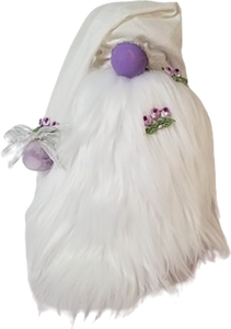 White & Purple Satin Spring Gnome with Purple Rose's Spring Flowers