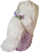 Load image into Gallery viewer, White &amp; Purple Satin Spring Gnome with Purple Rose&#39;s Spring Flowers
