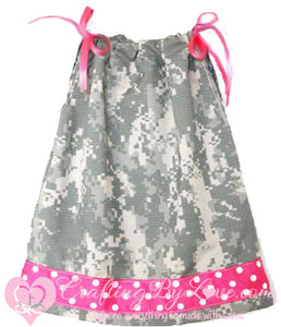 ACU Army Camouflage Pillowcase Dress with Pink/White Polka Dots Trim