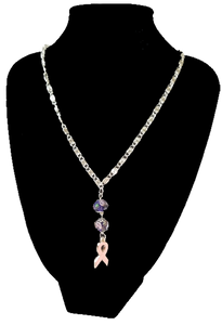 Handcrafted Breast Cancer Support Ribbon with Glass Lampwork Beads Necklace and Earring Set
