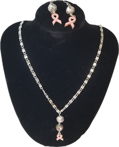 Breast Cancer Support Ribbon Rose Glass Lampwork Beads Necklace & Earrings Set