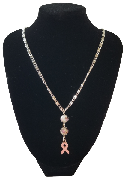 Breast Cancer Support Pink Ribbon Glass Lampwork Beads Sterling Silver Necklace