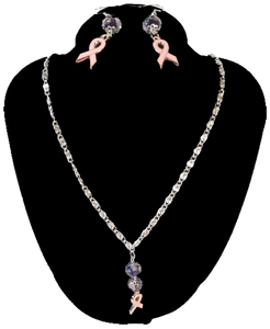 Handcrafted Breast Cancer Support Ribbon with Glass Lampwork Beads Necklace and Earring Set