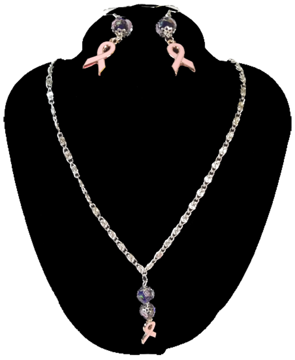 Handcrafted Breast Cancer Support Ribbon with Glass Lampwork Beads Necklace and Earring Set