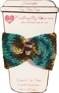 Turquoise and Browns Knitted Coffee Cup Cozy Wrap, Reusable To Go Coffee Sleeves With Mug Button