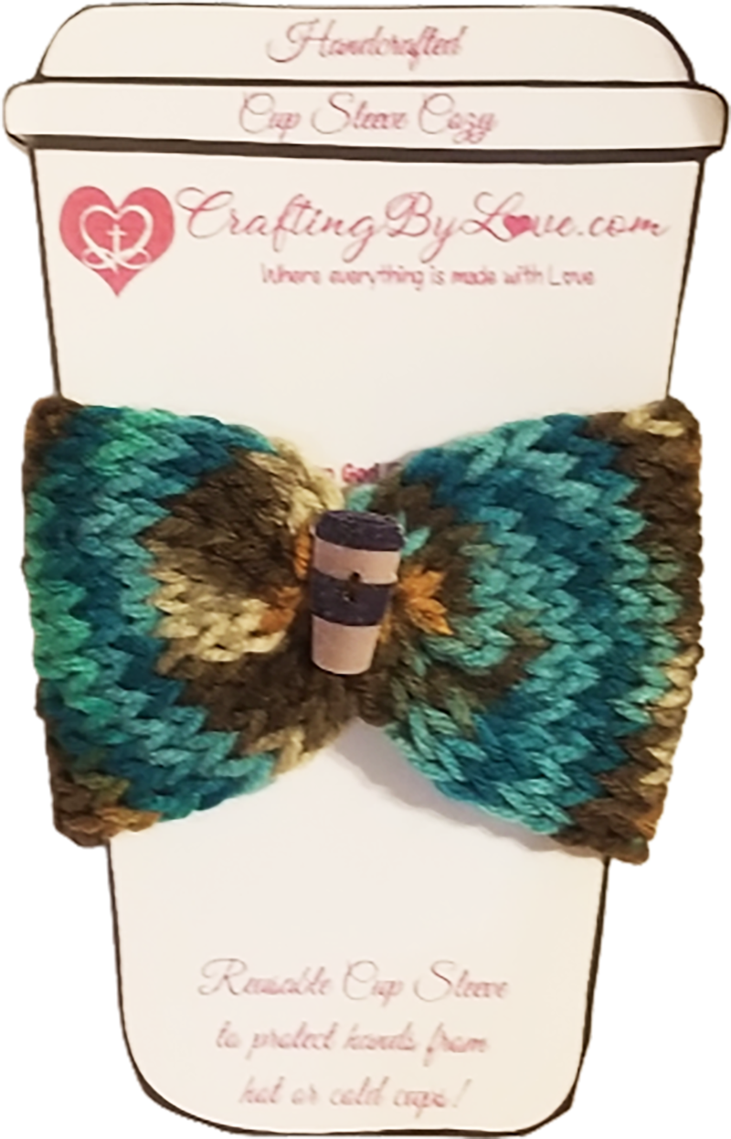 Turquoise and Browns Knitted Coffee Cup Cozy Wrap, Reusable To Go Coffee Sleeves With Mug Button
